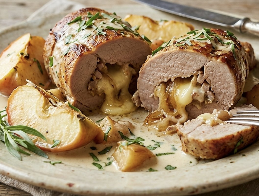 Filets de porc aux pommes et au brie, farcis aux oignons caramélisés