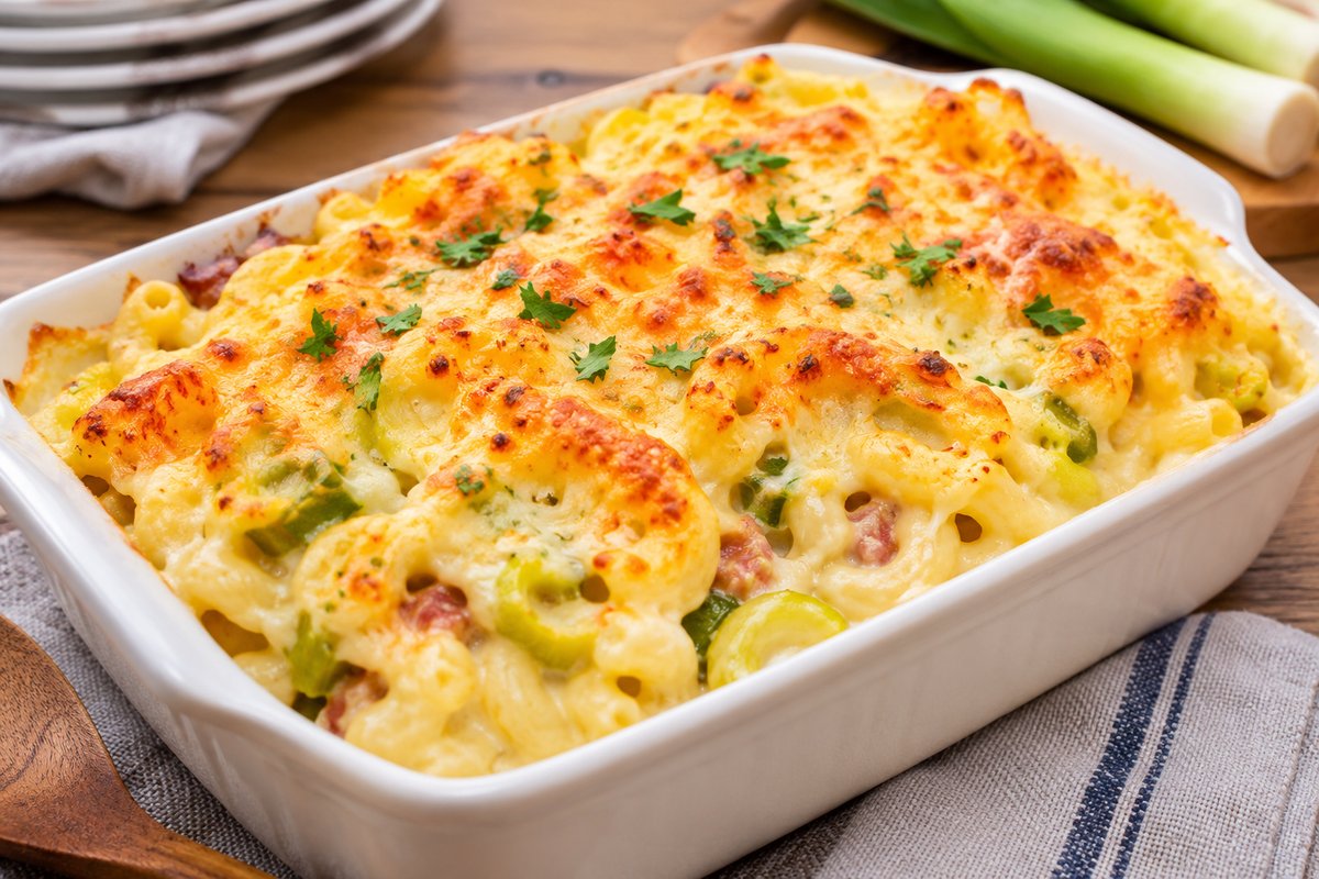Mac & Cheese alpin aux poireaux, gratiné et croustillant