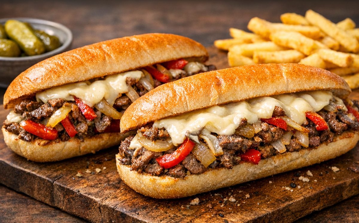 Philly cheesesteak au cheddar blanc dans un pain sous-marin
