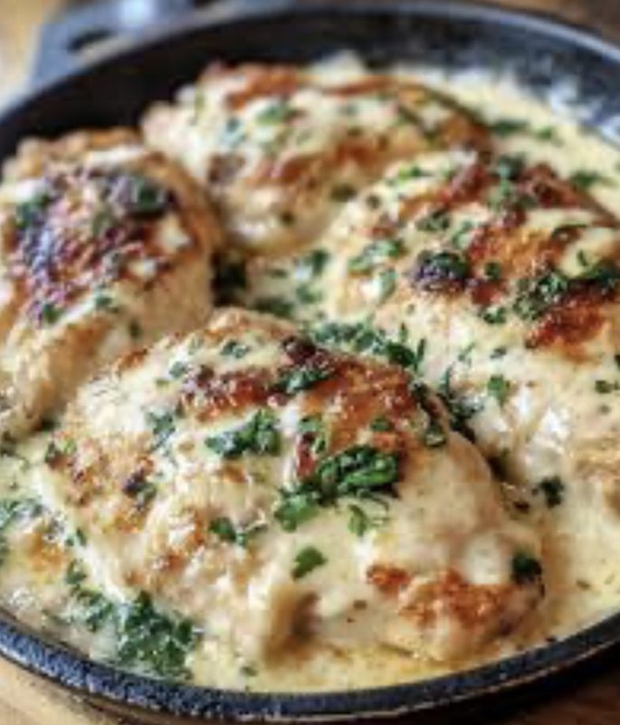 Escalopes de poulet au parmesan servies avec poêlée d’oignons à la crème et fromage Migneron