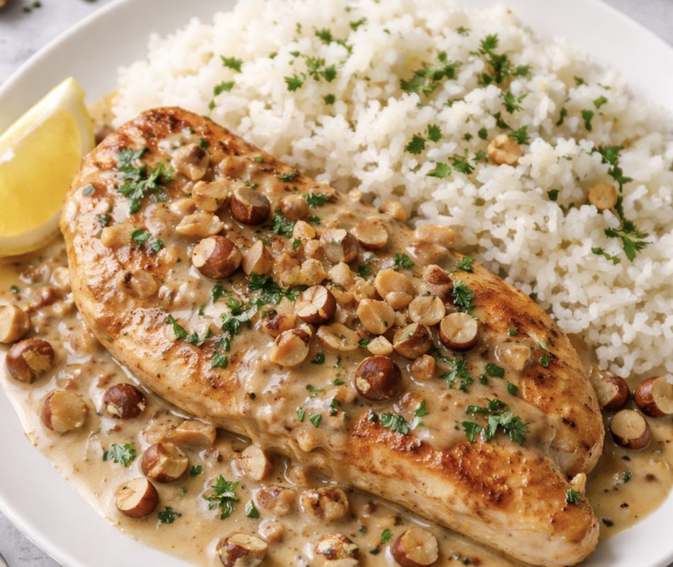 Poitrines de poulet nappées d’une sauce crémeuse aux noisettes et sirop d’érable