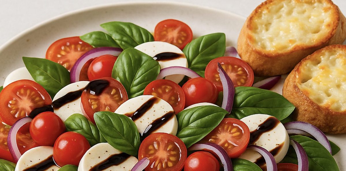 Salade de tomates au bocconcini et basilic nappée de réduction balsamique, servie avec croûtons gratinés