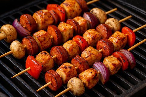 Brochettes de poulet grillées sur assiette
