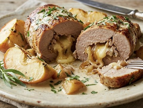 Filets de porc aux pommes et au brie, farcis aux oignons caramélisés
