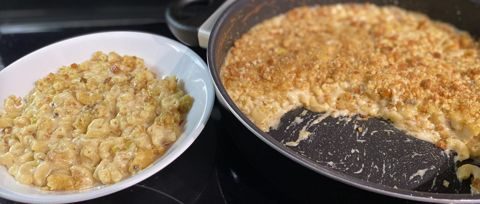 Macaronis aux trois fromages et poireaux