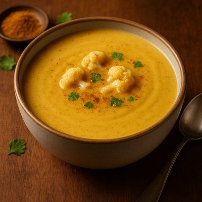 Bol de velouté de chou-fleur au cari et au gingembre moulu